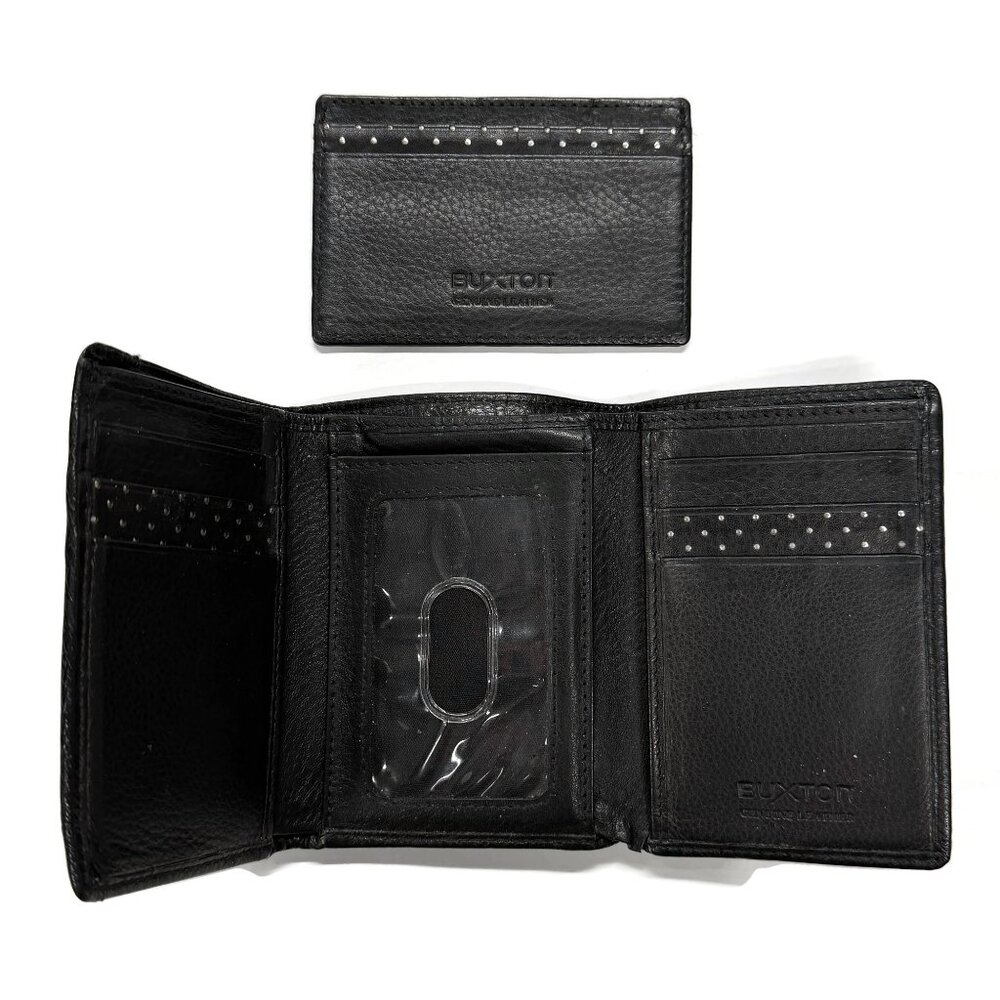 Buxton Lot of 2‎ Black Mens Trifold Leather Wallet & Slim Front Pocket ID